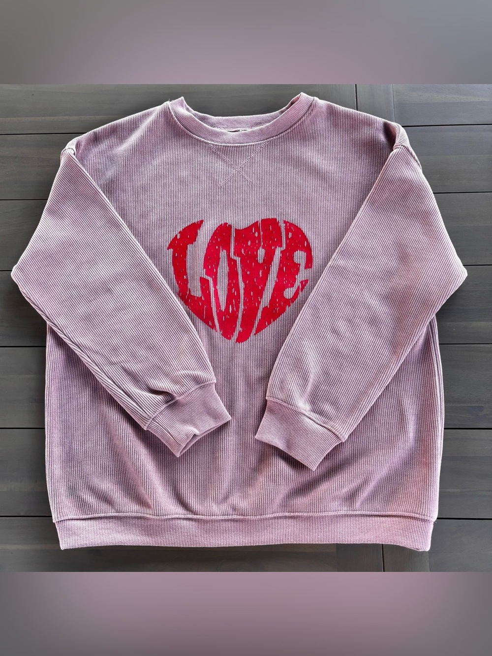 Lavender Crewneck Sweater with Red Heart 'LOVE' Graphic - Women